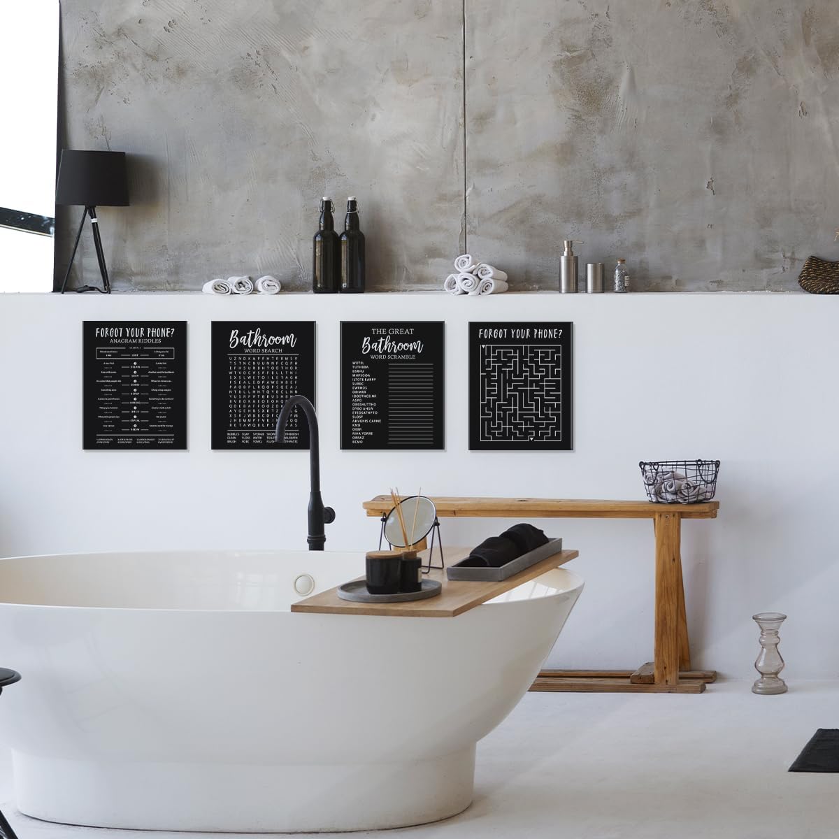 ETVISO Funny Bathroom Black Decor Wall Art Set of 4, Funny Crossword Puzzle Wall Art, Funny Forget Your Phone, Bathroom Word Search Wall Decor, 8x10 (Unframed)