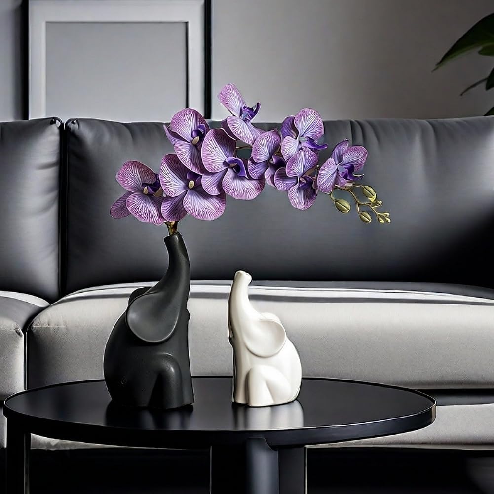 Loving Pair of Elephants,with Flower,Modern Ceramic Decor Statue,Good Luck Elephant,for Bookshelf Living Room Office Table Shelf Decorations.Gifts for Lover, Wife, Mother. (Black white purple)