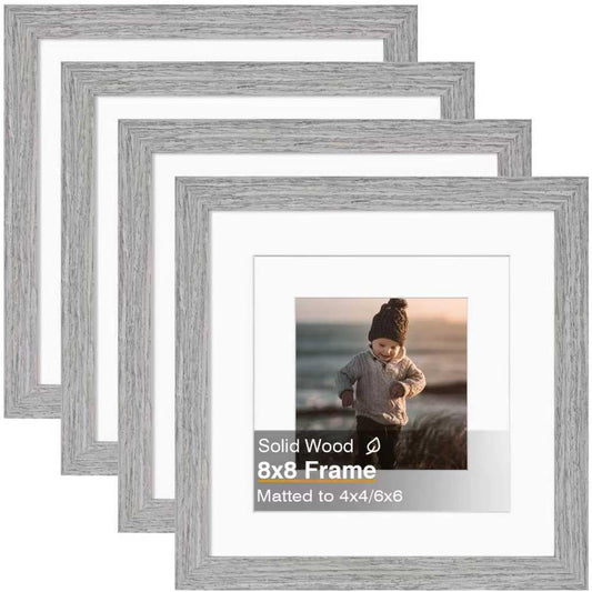 KINLINK 8x8 Picture Frame, Grey Square Solid Wood Frames for Pictures 4x4 and 6x6 with Mat or 8x8 without Mat, Wall and Tabletop Display Photo Frames Grey Wood 1 Pack