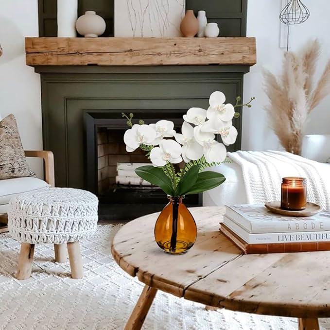 White Orchids Artificial Flowers, Faux Orchid in Glass Vase Real Touch Small Phalaenopsis Orchid Flowers Arrangements with Amber Vase Orchid Centerpiece for Dining Room Table