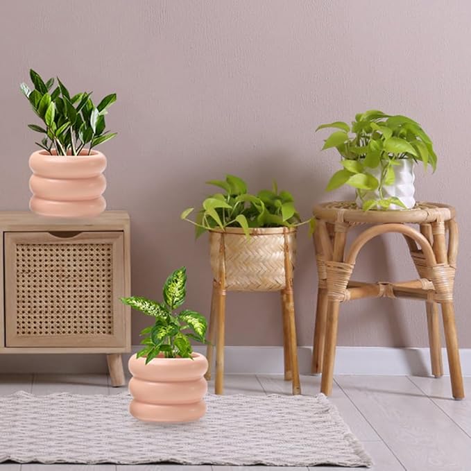 4.7 Inch Modern Plant Pot Pink Ceramic Glaze Succulent Planters for Indoor Unique Pots, Planter with Drainage Holes Small Bubble Porcelain for Herb Snake Plants