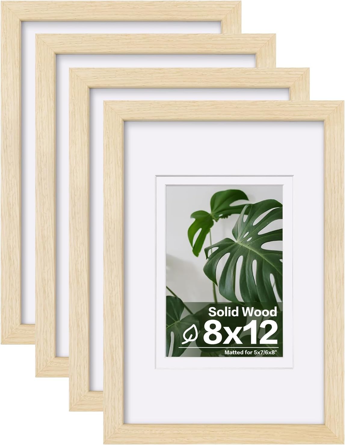 Egofine 8x12 Picture Frames Set of 4, Made of Solid Wood Covered by Plexiglass 5x7 and 6x8 with Mat or 8x12 without Mat, for Table Top Display and Wall Mounting Photo Frame Oak Wood