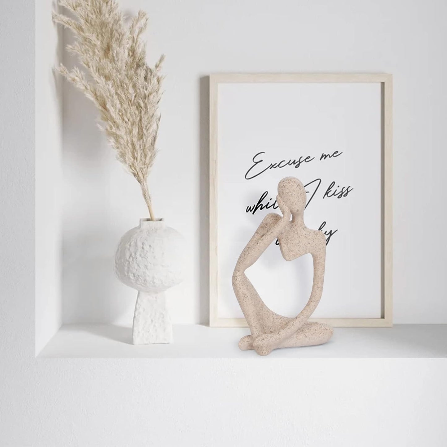 INNOLITES Boho Decor Thinker Statue Abstract Art Sculpture, Sandstone Resin Collectible Figurines for Home Living Room Office Shelf Decoration (Sandstone Left)