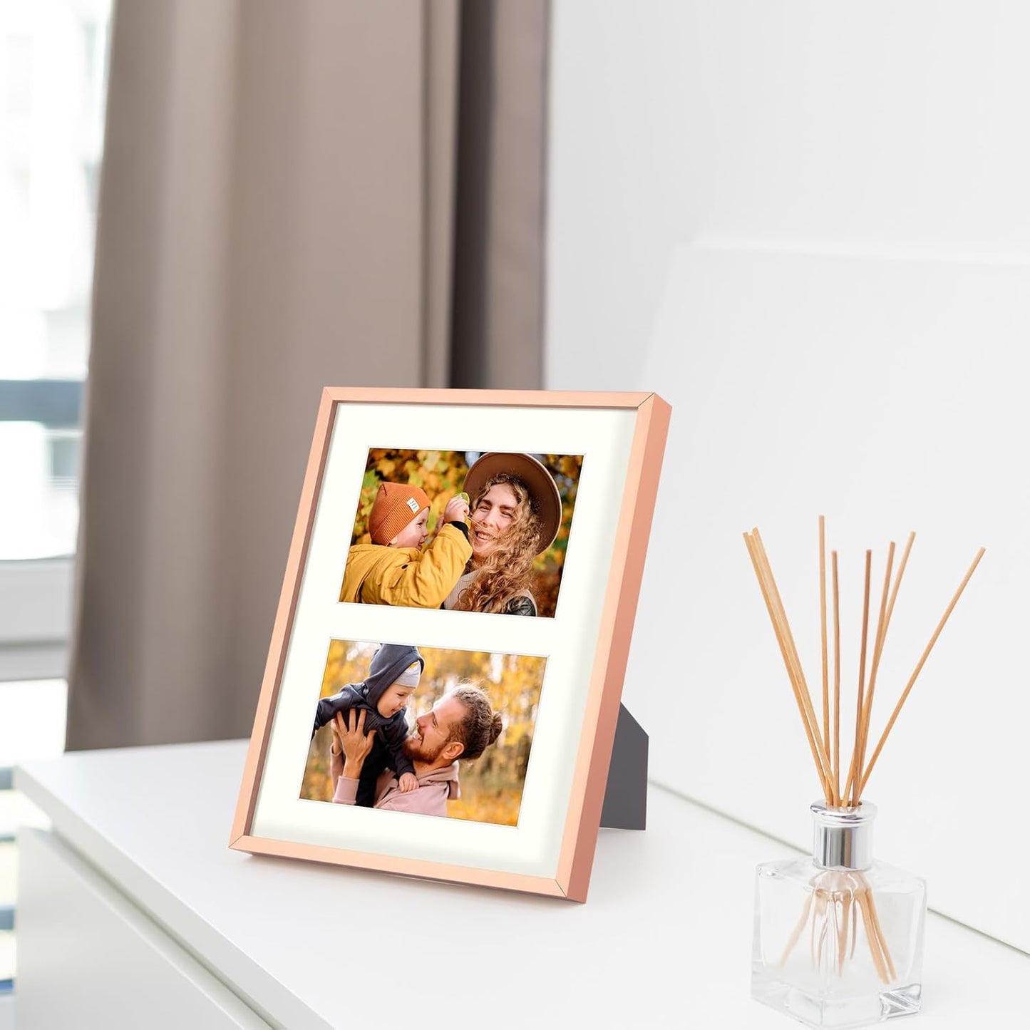 Frametory - 8x10 Aluminum Collage Picture Frame - Display 4x6 Pictures with 2 Openings Mat - Real Glass Front - with Easel Stand for Horizontal/Vertical Wall Mount - Rose Gold 1 Pack