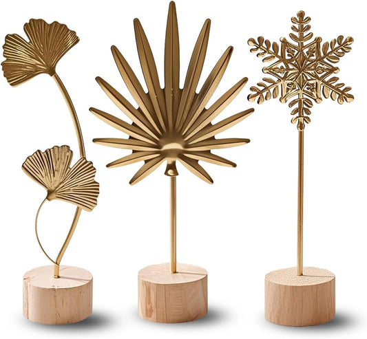 Gold Leaf Home Decor Set - Metal Leaves Statues, Modern Artistic Sculptures for Living Room, Office, Shelf & Home Decorative, Handmade 3D Botanical Accents (Sunshine, Ginkgo, Snowflake, 3PCS)