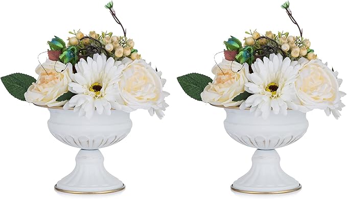 Nuptio Pcs of 2 Mini Sized Metal Urn Planter Elegant Wedding Centerpieces Vase for Wedding Party Decoration, 12.6cm/4.96" Tall Trumpet Vase Flower Holder for Anniversary Ceremony, White