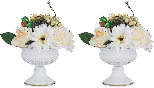 Nuptio Pcs of 2 Mini Sized Metal Urn Planter Elegant Wedding Centerpieces Vase for Wedding Party Decoration, 12.6cm/4.96" Tall Trumpet Vase Flower Holder for Anniversary Ceremony, White
