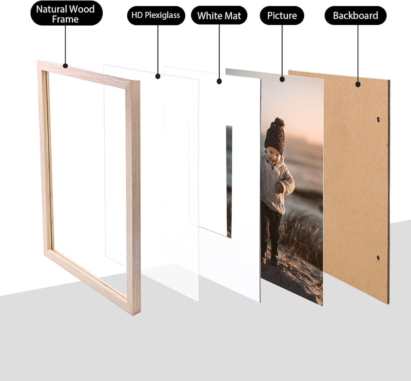 KINLINK 8x12 Picture Frame Natural, Solid Wood Frames with Acrylic Plexiglass for Pictures 6x8 with Mat or 8x12 without Mat, Tabletop and Wall Display Photo Frame, Set of 4