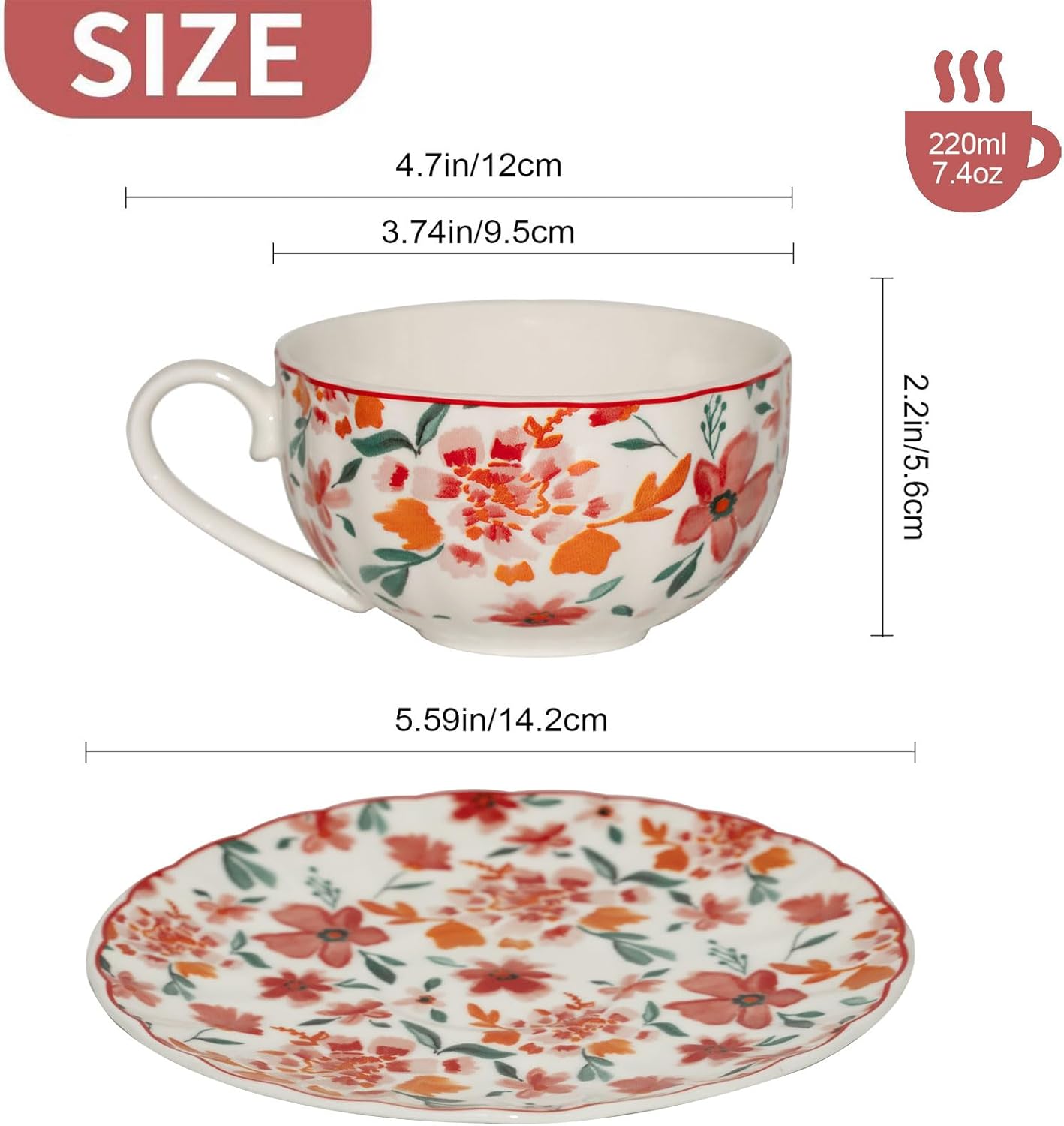 Cups and Saucers Coffee Tea Cups Set of 2 (7.4 oz/ 220ml) Ceramic Cup Espresso Mug with Gold Trim Floral Porcelain Vintage Flower Pattern for Gifts, Gatherings, Receptions,Breakfast, Home