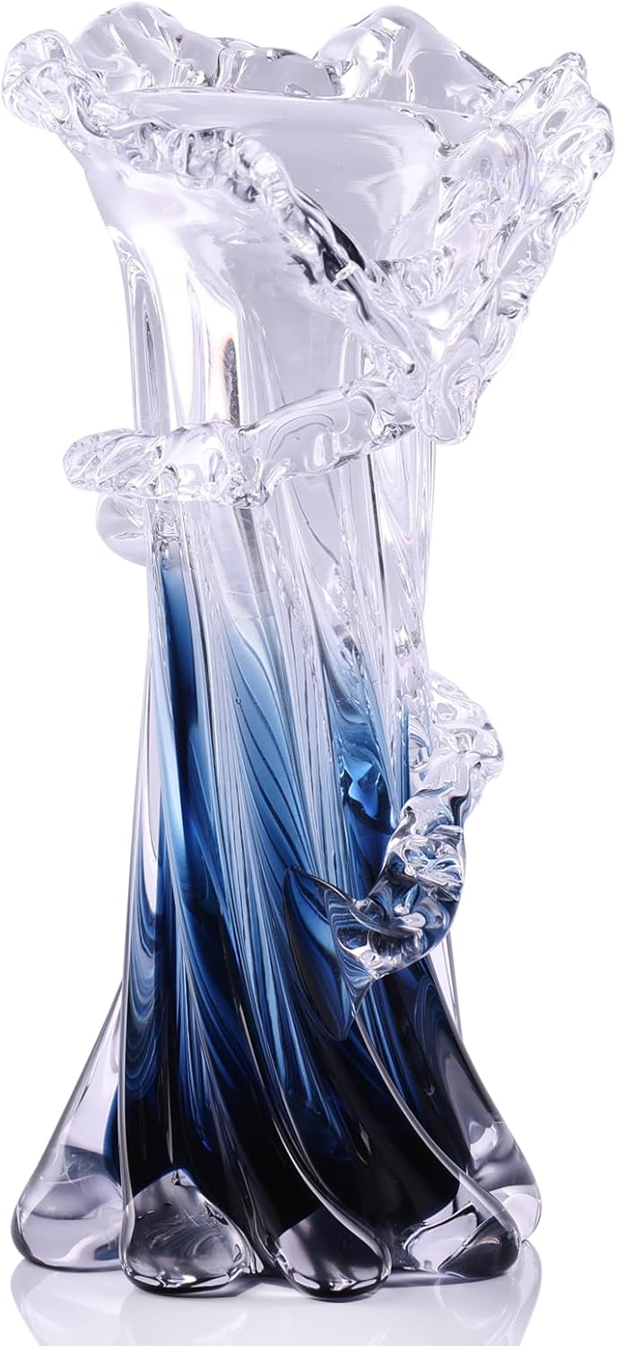 Blue White Clear Wave Vases Gradient, Murano Hand Blown Glass Vase Unique Art Decorative, for Ocean Themed Coastal Home Centerpiece Modern Office Entrance Table Creativity