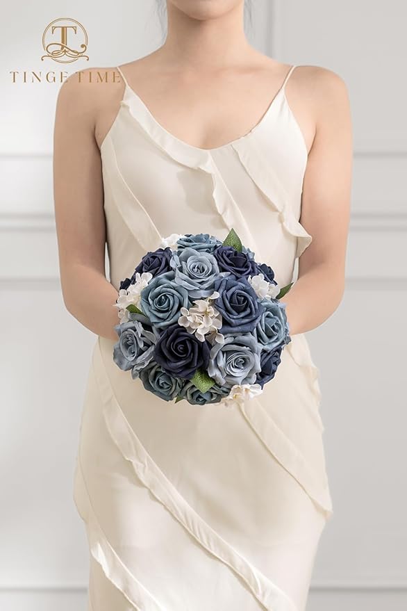 TINGE TIME Navy Blue Artificial Flowers Combo Box Set, Gradient Color Fake Flower Leaf with Stems for DIY Wedding Bouquets Table Centerpieces Baby Shower Home Party Floral Arrangements Decorations