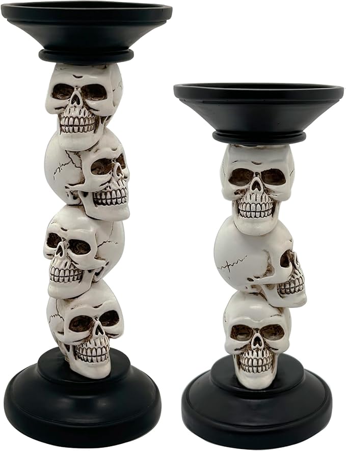 Vintage Resin Skull Skeleton Candle Holders - Set of 2 for Halloween Decor