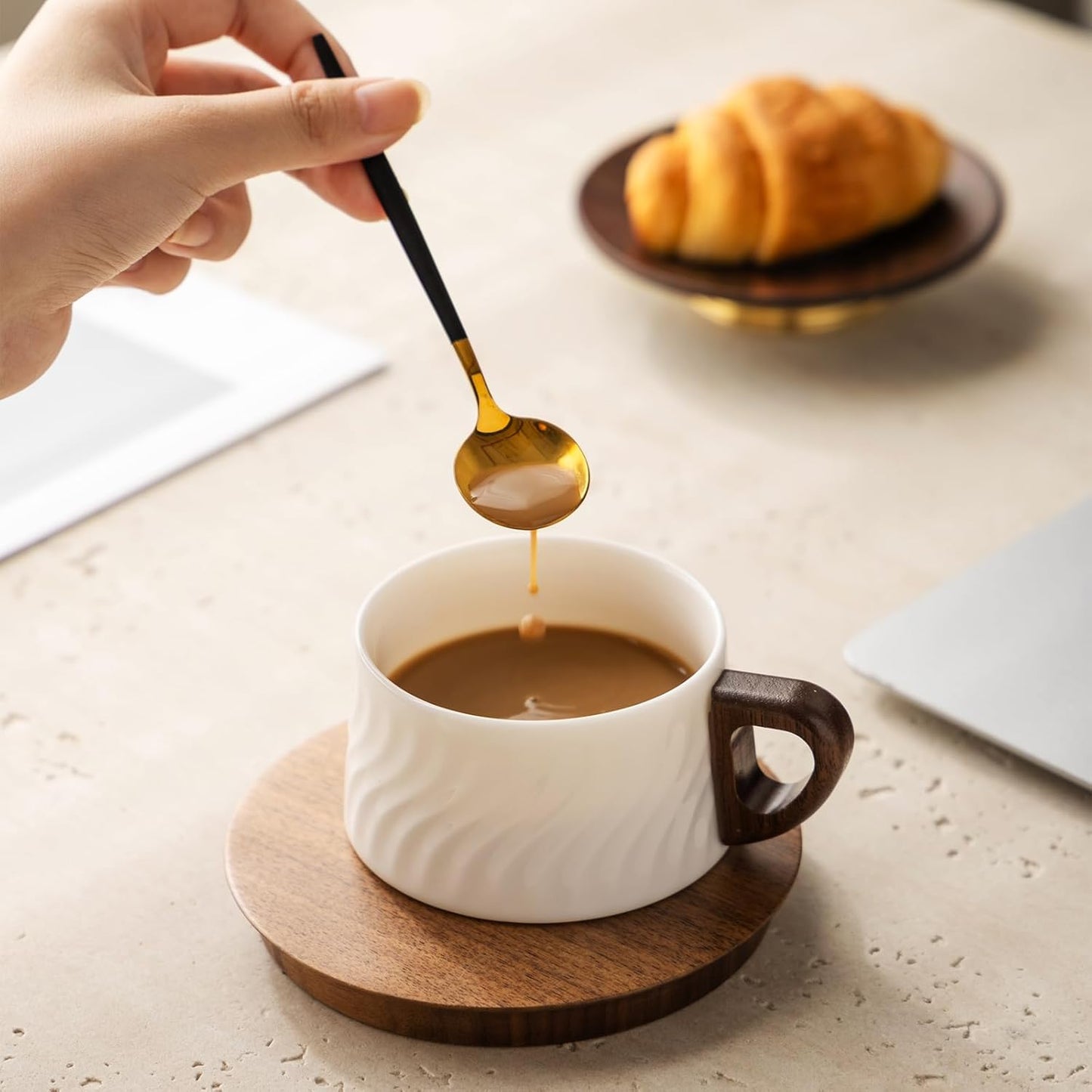 GLLead White Tea Cup and Saucer Set Ceramic Espresso Coffee Cup with Wooden Plate Stainless Spoon 6oz Set of 1 (GL-CS02)