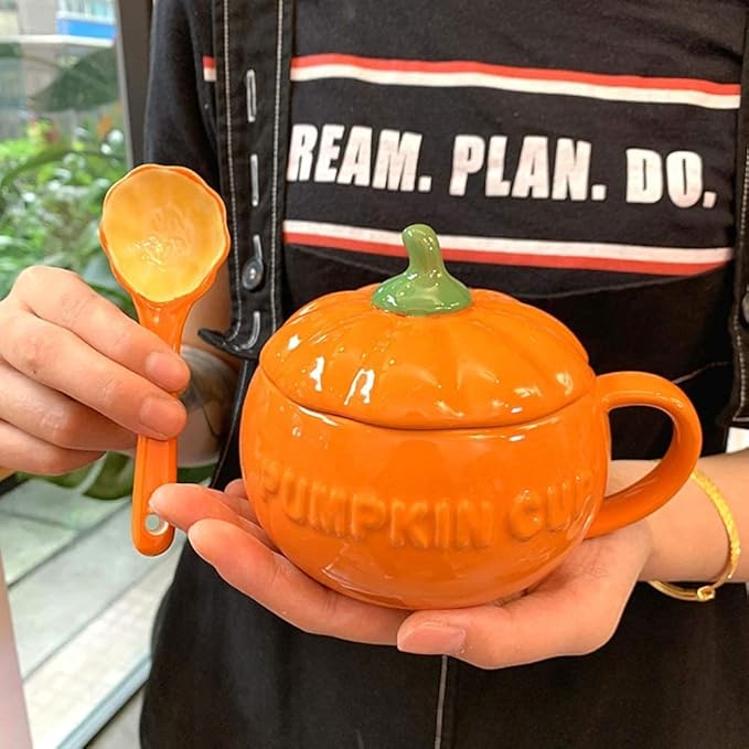 YBK Tech Cute Pumpkin Cup, Ceramic Coffee Mug, Tea Cup with Lid and Spoon (8.5oz)