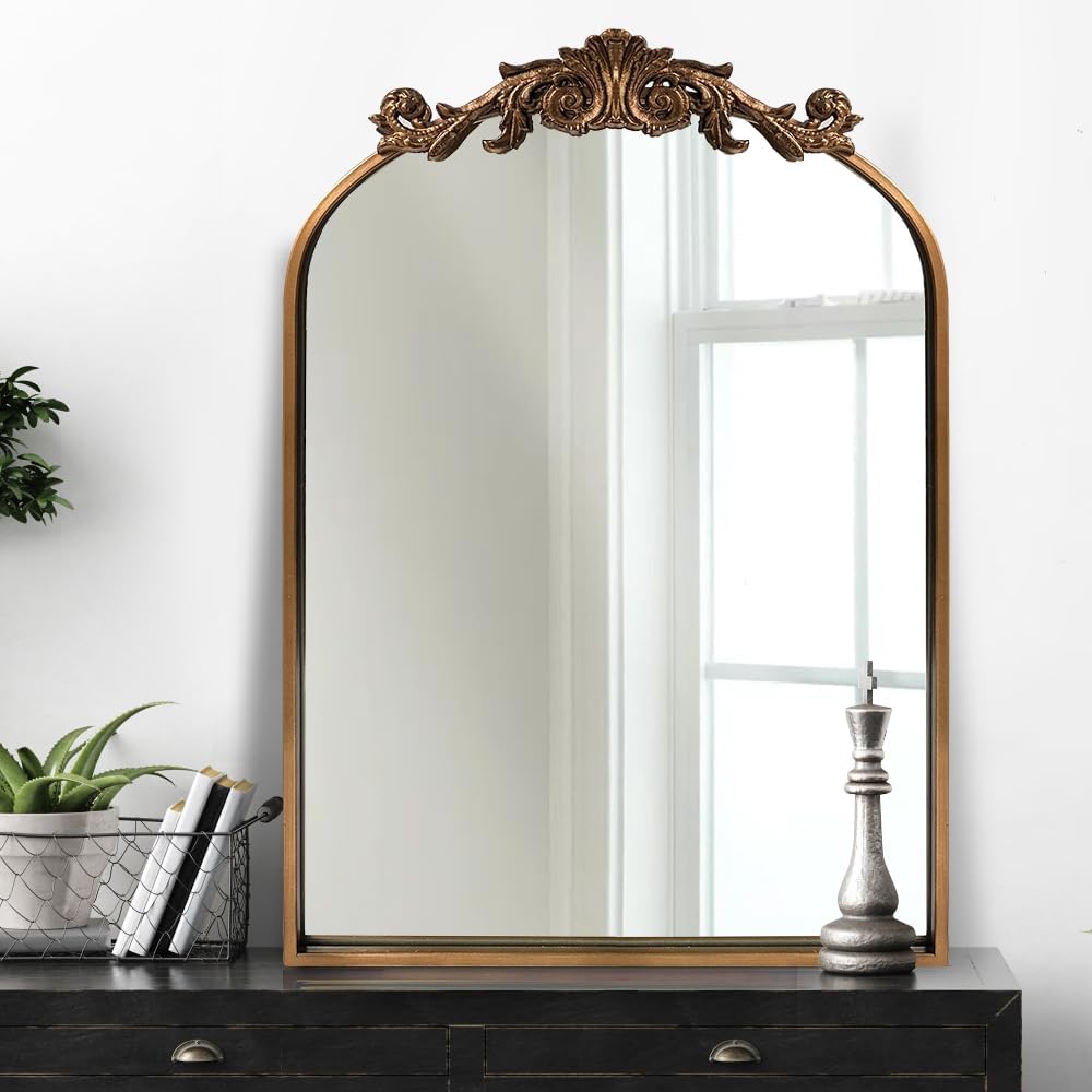 Gold Traditional Vintage Ornate Baroque Mirror,Gold Brass Mirror for Wall,Victorian Antique Bronze Mirrors Arched for Bathroom/Living Room/Hallway/Fireplace 19"X27"