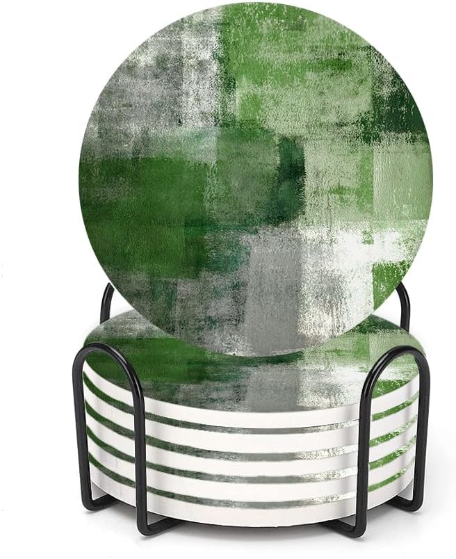LOKMU Coasters for Drinks,Round Absorbent Ceramic Stone Coaster Sets of 6 with Metal Holder Stand,Green and Grey Abstract Art Coasters with Cork Base for Coffee Wooden Table,Housewarming Gifts