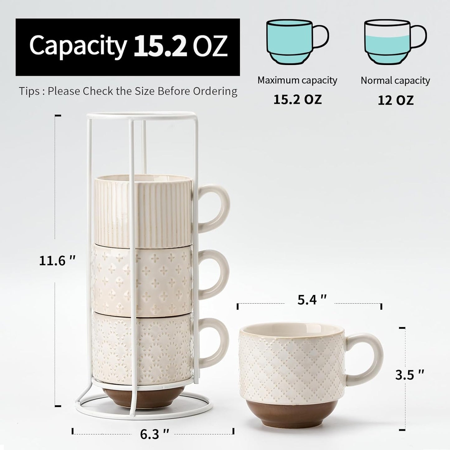 Large Ceramic Coffee Mug Set of 4 with Stand, 15 Oz Stackable Different Embossment Ribbed Latte Cup Set for Cappuccino, Tea, Hot Cocoa, Drinks - Dishwasher & Microwave Safe, Off White