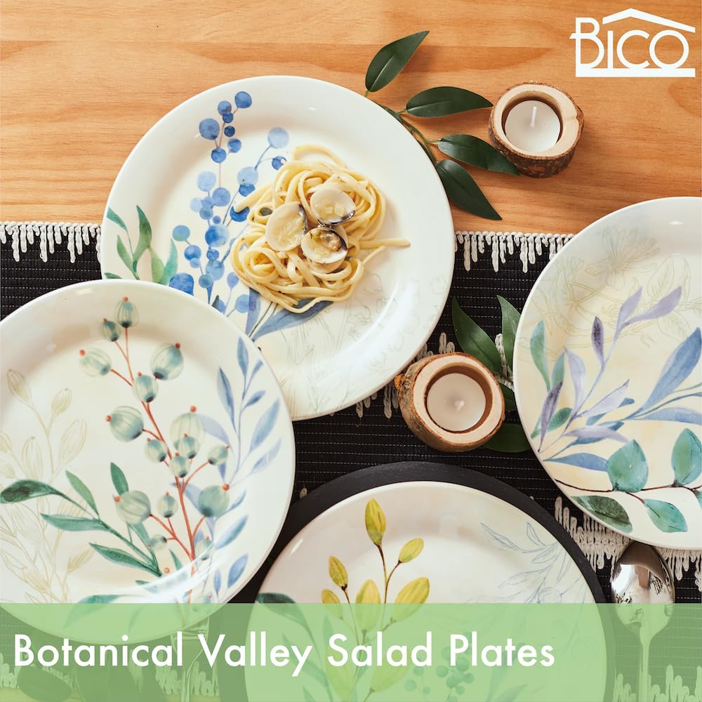 Bico Botanical Valley Salad Plates Set of 4, 8.75 Inch Ceramic Dessert Plates for Salad, Appetizer, Side Dishes, Microwave and Dishwasher Safe, Gift for Housewarming and Thanksgiving