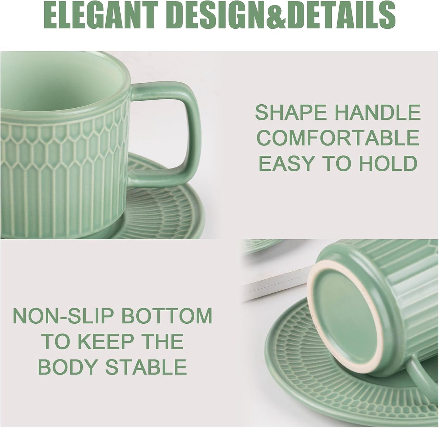 Large Cappuccino Cups with Saucers Set of 4, 8 Ounce Stackable Embossed Ceramic Coffee Mugs for Specialty Coffee Drinks, Latte, Cafe Mocha and Tea, Dishwasher & Microwave Safe (Green)
