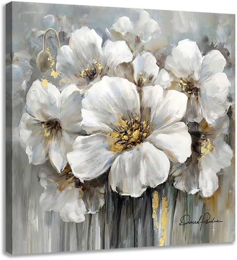 Living Room Flower Picture Wall Art White Floral Painting with Gold on Canvas for Gray Bedroom Decor 30" x 30"