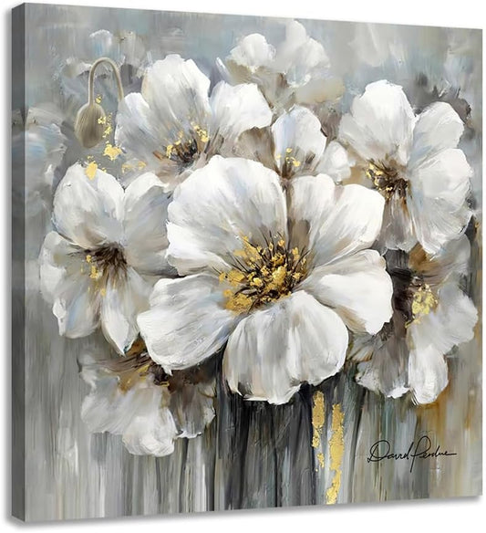 Living Room Flower Picture Wall Art White Floral Painting with Gold on Canvas for Gray Bedroom Decor 30" x 30"
