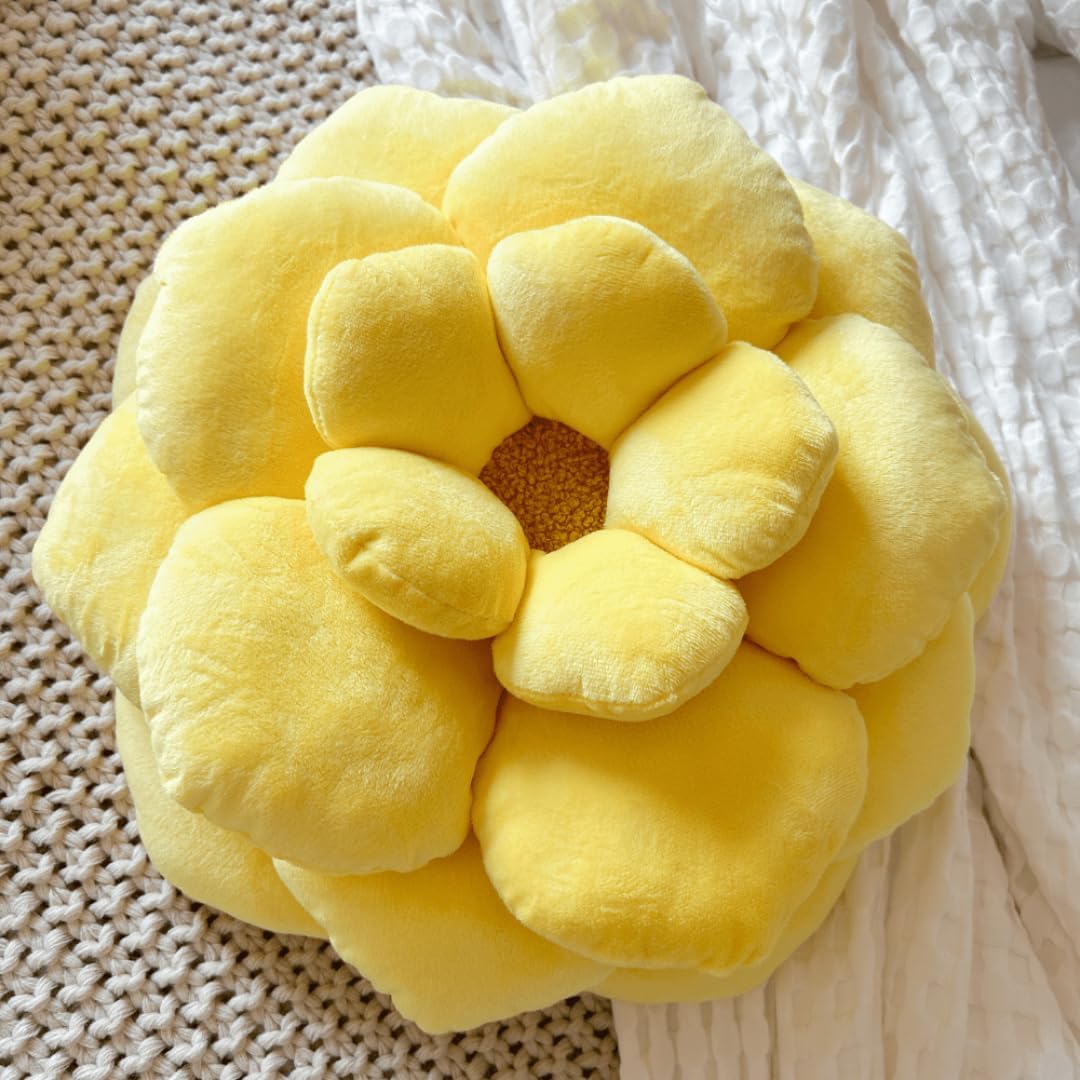 Green Philosophy Co. Camellia Plush Flower Pillow - Lemon Yellow