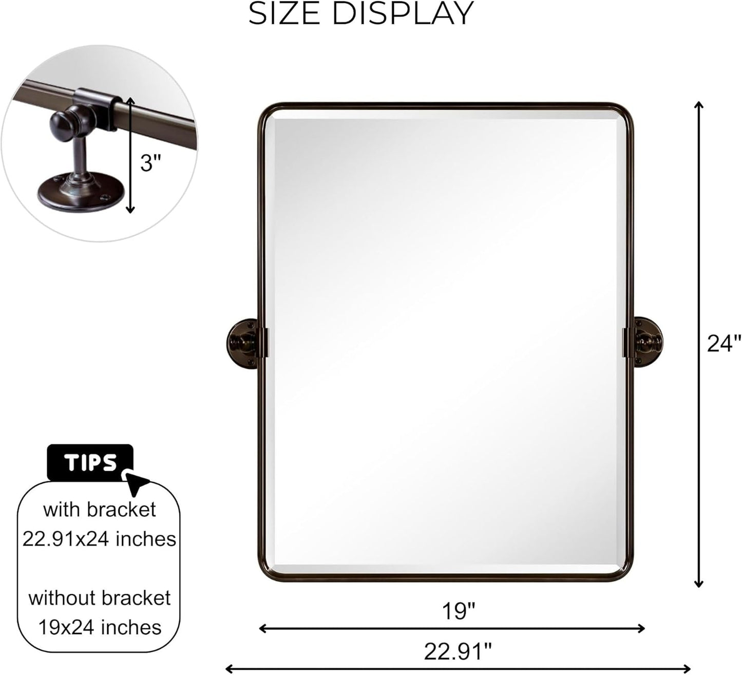 Farmhouse Oil Rubbed Bronze Metal Framed Pivot Rectangle Bathroom Mirror Rounded Rectangluar Tilting Beveled Vanity Mirrors for Wall, Overall 22.91 x 24 inches (Mirrror 19 x 24 inches)