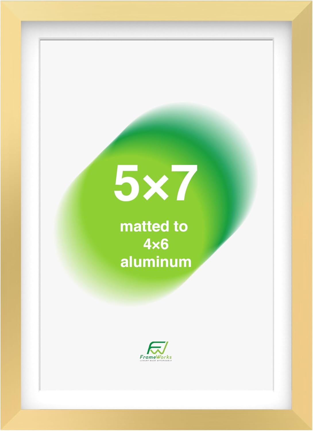 FrameWorks 5x7 Matted to 4x6 Picture Frame – Aluminum Frame w/Tempered Glass, Removable Mat for Photos, Posters, Art, Stylish Wall Frame for Home Decor, Gallery Walls, Office, Living Room - Gold