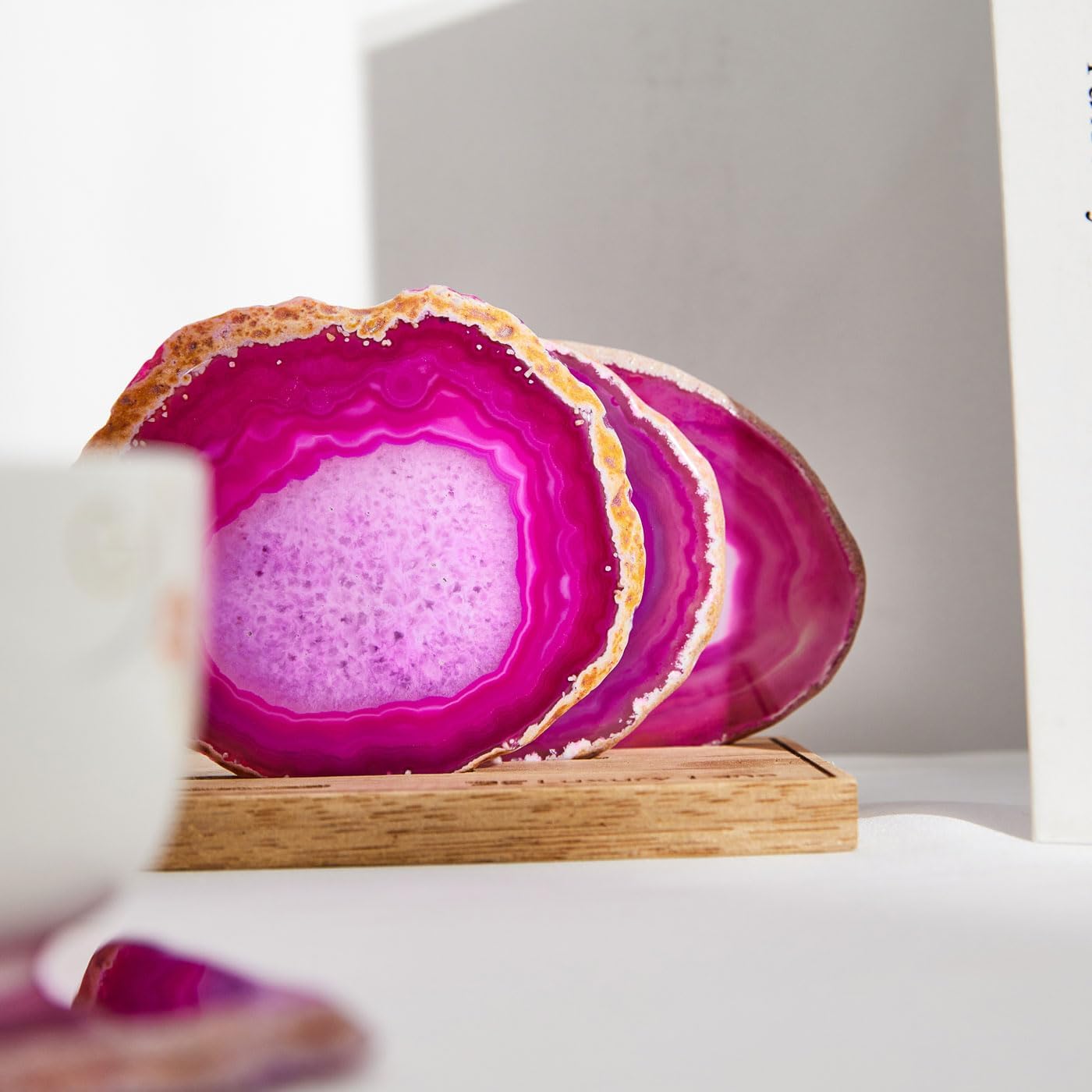 Luxury Lane Set of 4 Large Natural Brazilian Agate Slice Geode Rock Stone Drink Coasters with Wood Holder 4.3-4.7 inch Centerpiece Table Decoration, Rose Pink