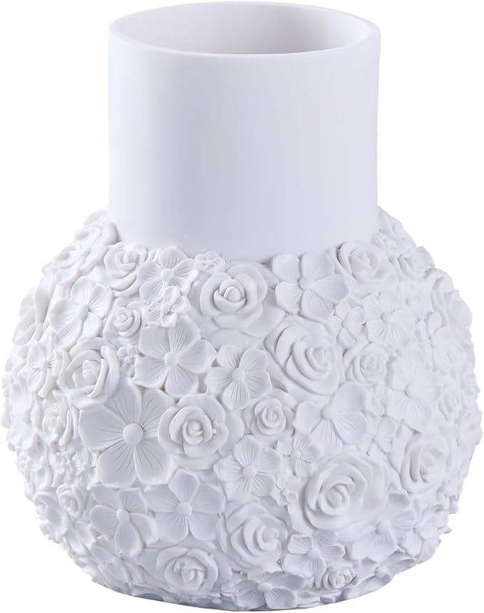 White Rose Hand-Carved Resin Vase – 8 Inch Decorative Bulb Vase for Pampas Grass, Centerpiece, Home Decor | Elegant Entryway, Countertop & Nightstand Accent | Unique Housewarming Gift