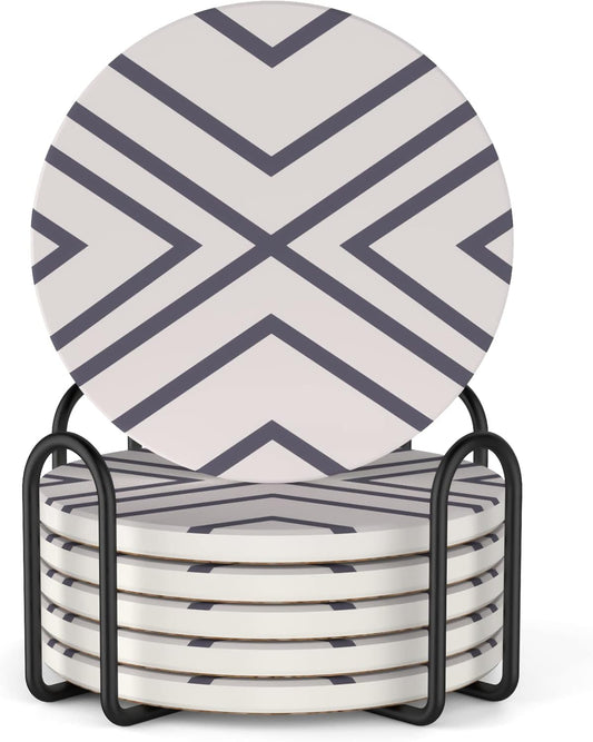 Lifver 6 Piece Absorbent Stone Coaster Set with Holder,Drink Spills Coasters, Grey-Lines