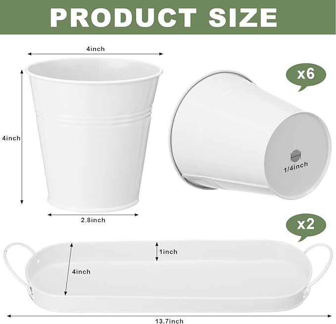 Hicarer 2 Sets Herb Planter with Tray Metal Herb Garden Planter with Drainage Farmhouse Windowsill Pots for Indoor Plants Flower Succulent Outdoor Kitchen Apartment Balcony Window (White)