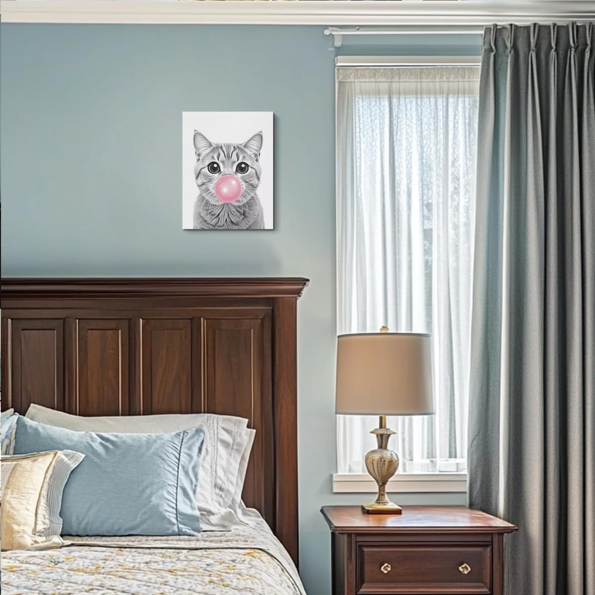 HZMLYDJ Tabby cat Wall Art Decor, Cute Cat Bubble Gum Wall Art Gifts for Girl Women Toddler Room Bedroom Living Room Bathroom Home Baby Nursery Poster Wall Decor Ready To Hang Aesthetic