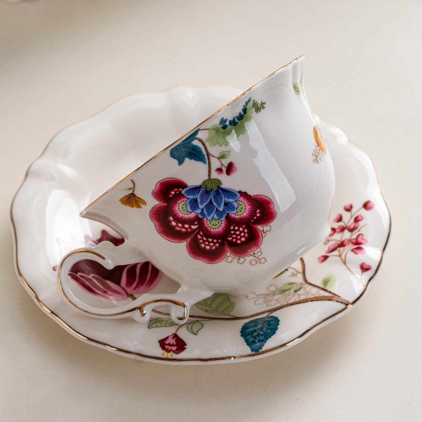 Jomop Ceramic Tea Cups Coffee Cup and Saucers Set of 4 (Blue and Red)