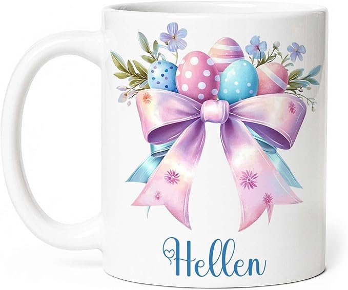 Unique Custom Name Coffee Mug, Spring Flowers and Bow Ceramic Cup 11oz 15oz, Personalized Elegant Bow White Mug, Easter Eggs with Floral Coffee Cup, Gifts for Easter Celebration