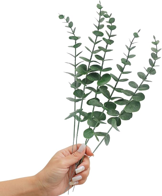 Tinsow 5 Pcs Real Touch Leaf Artificial Eucalyptus Stem Faux Eucalyptuses Wedding Bouquet Centerpiece Home Decor (Green)