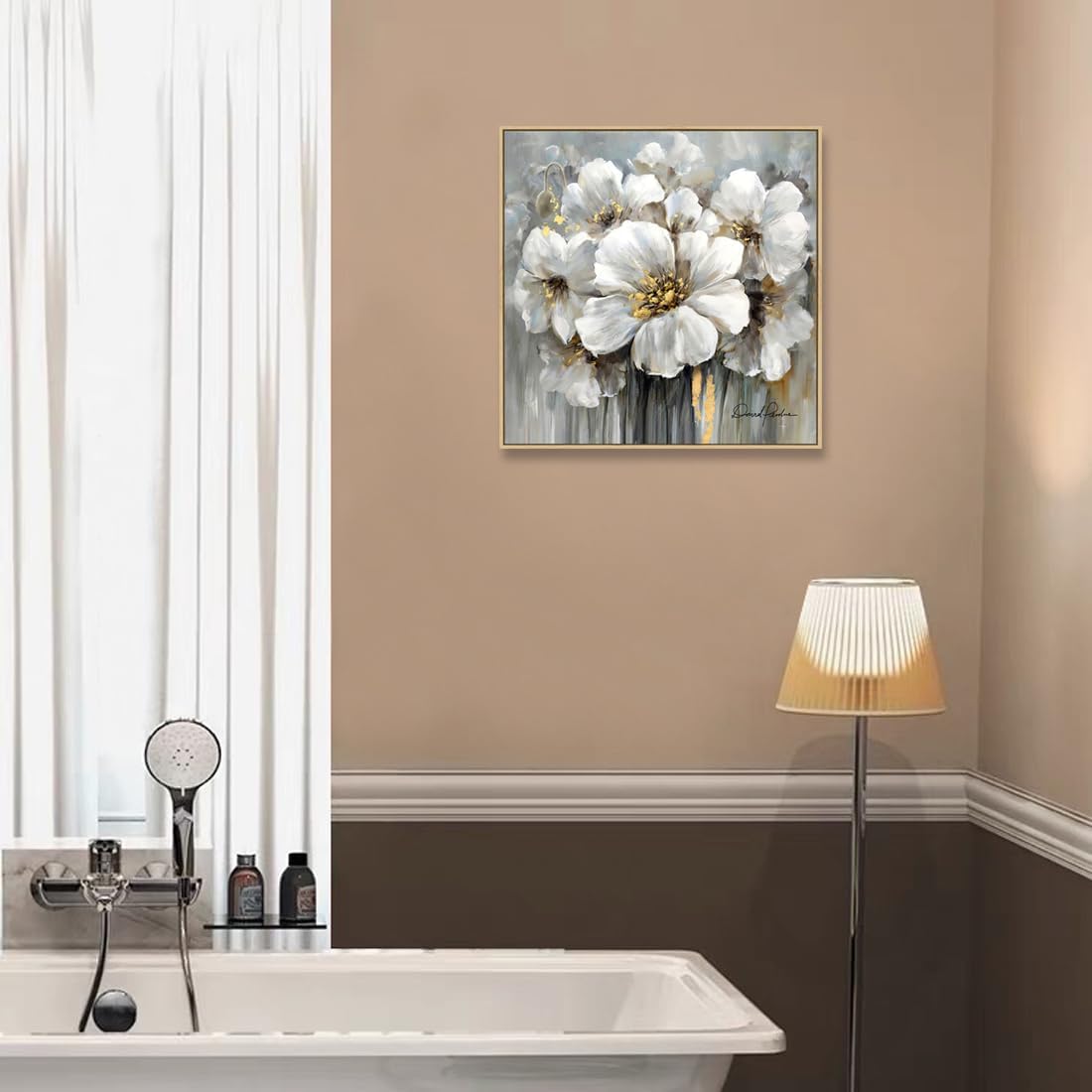 Living Room Flower Wall Art White and Gray Floral Picture with Gold on Canvas for Home Decor Framed 24" x 24", Solid Wood Frame