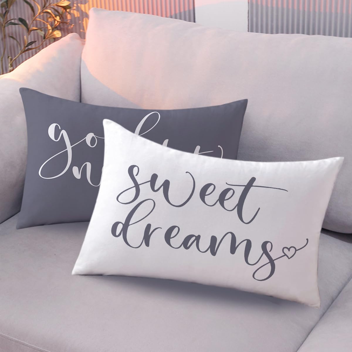 Bedding Decorative Lumbar Pillowcases Sweet Dreams Good Night Cushion Covers Sleep Themed Throw Pillow Covers 12''x20'',2Pack Soft for Bedroom Guest Room Housewarming Gifts (Grey)