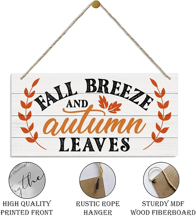 Thanksgiving Decorative Wood Hanging Plaque - Fall Breeze and Autumn Leaves Front Door Decor, Indoor Outdoor Decor