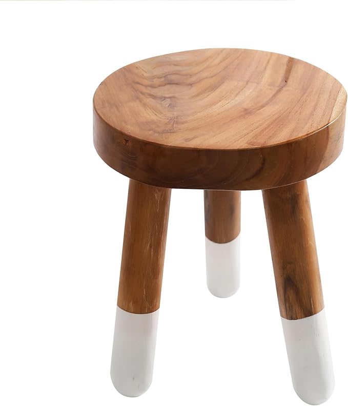 Teak 12" Round Dip Dyed Wood Plant Stand | Wood Accent Stool | Bath Stool | Milking Stool (12" Tall White)