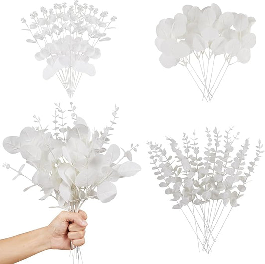 120 Pcs Artificial Eucalyptus Leaves Stems Bulk – 3 Styles Mixed Faux Silver Dollar Eucalyptus Leaves, DIY Fake White Stems for Wedding Bouquets, Floral Arrangements, Centerpieces & Home Decor