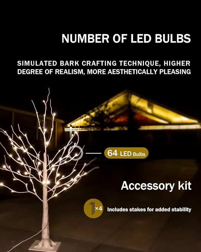 3ft Lighted Birch Tree with 64 Warm White LED Lights for Holiday Decor - Realistic Design, UL Certified, Dimmable, Waterproof - Ideal for Indoor and Outdoor Decoration