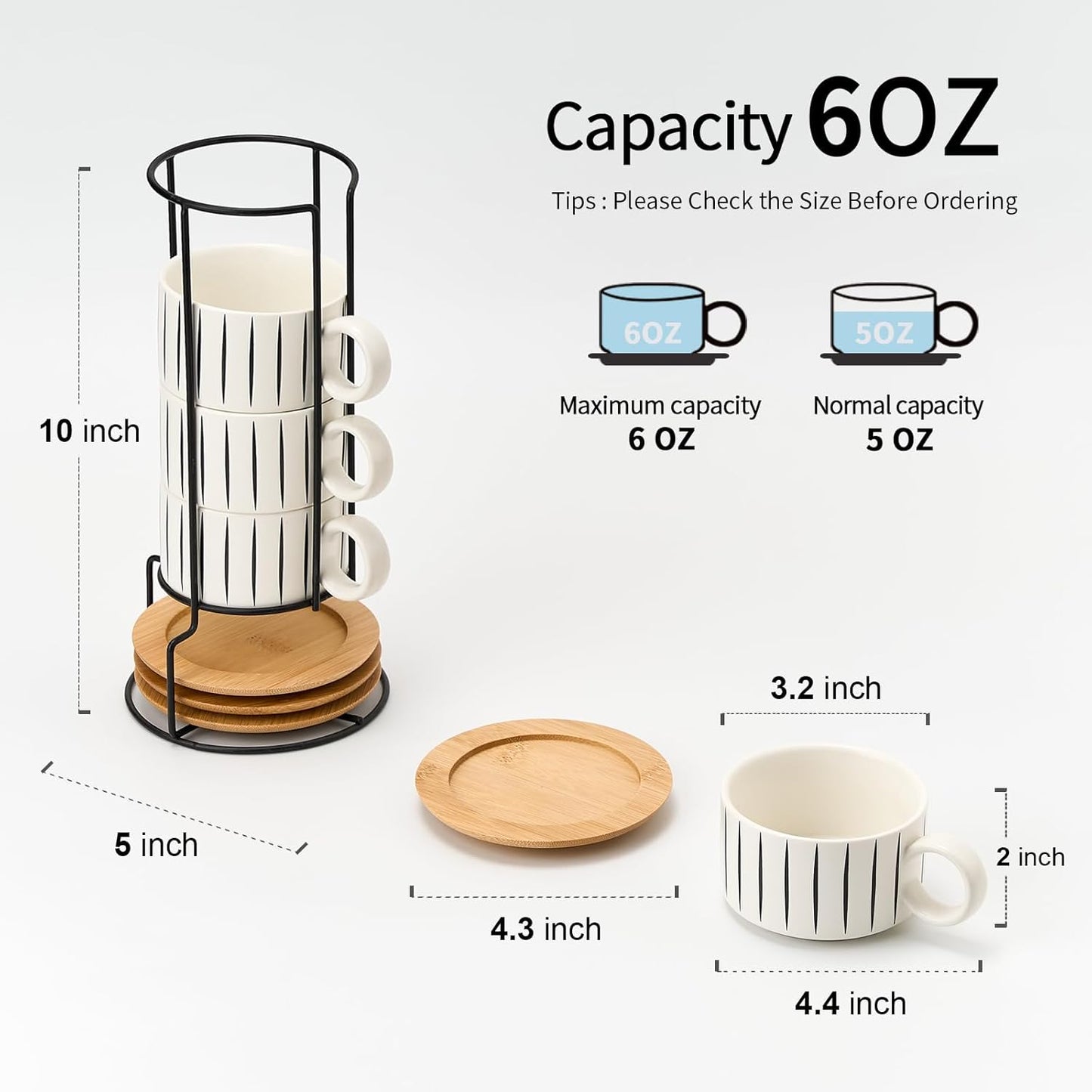 LUKA 6 Ounce Porcelain Stackable Espresso Cups with Saucers and Metal Stand Set of 4, Ceramic Cappuccino Cups Set for Specialty Coffee Drinks, Latte, Cafe Mocha and Tea, Stripes, White