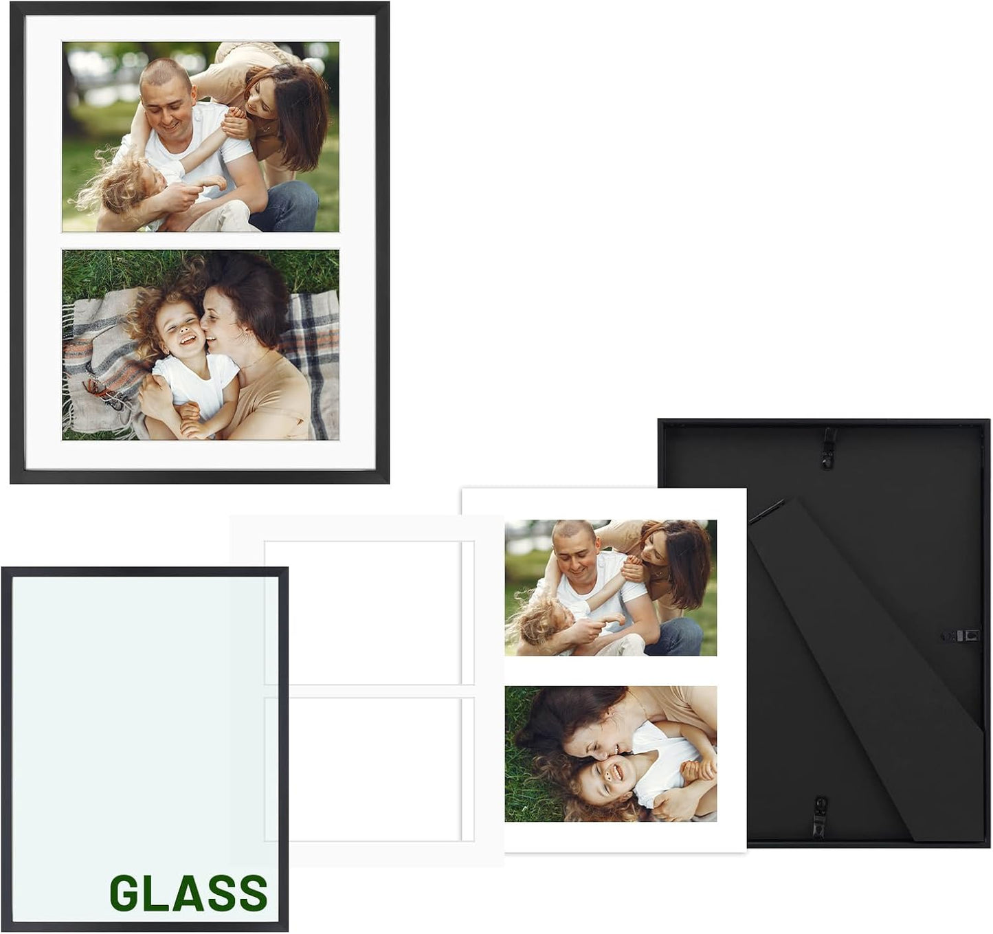 Frametory - 8.5x11 Aluminum Collage Picture Frame - Display 5x7 Pictures with 2 Openings Mat - Real Glass Front - With Easel Stand for Horizontal/Vertical Wall Mount - Black 1 Pack