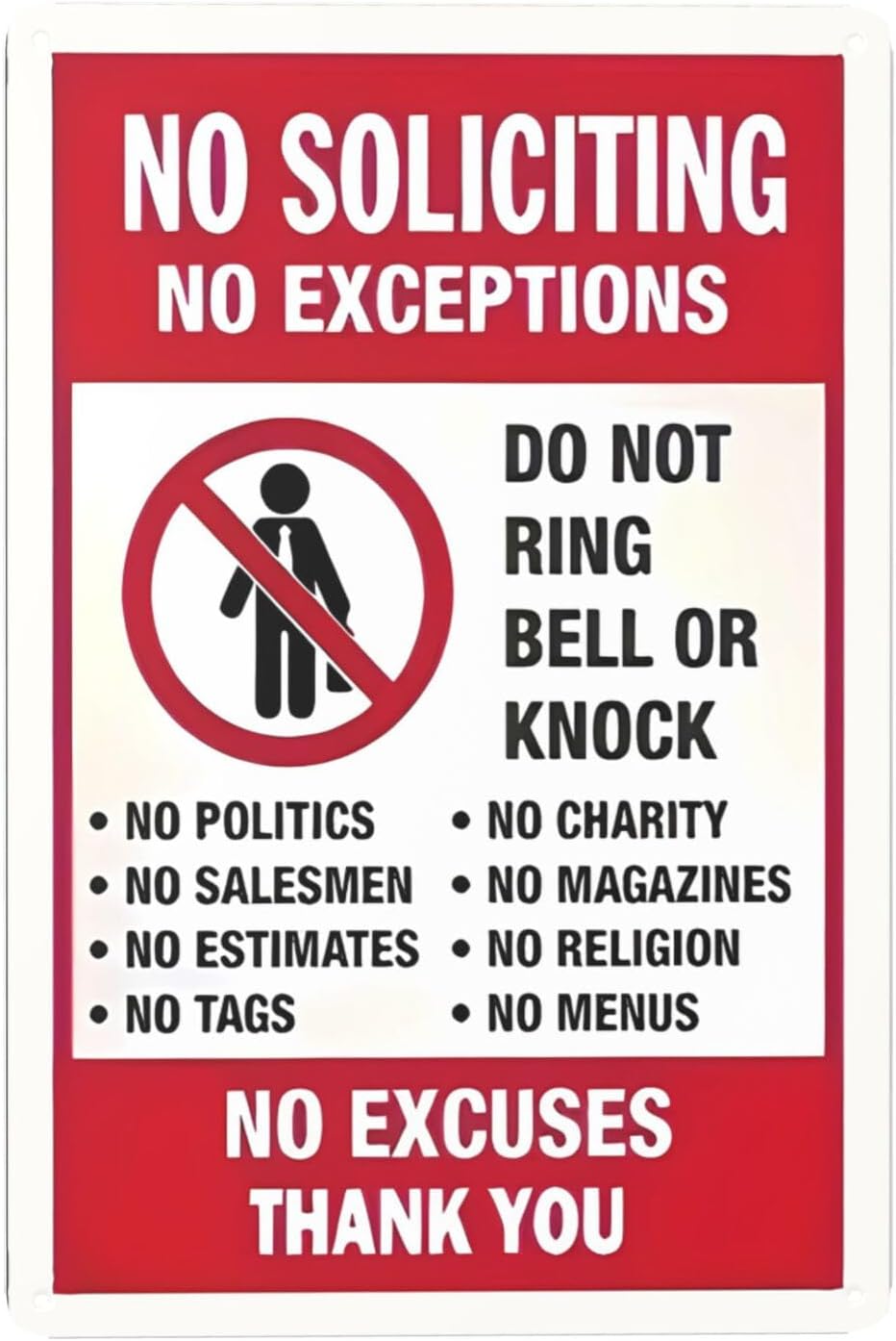Funny 'No Soliciting No Exceptions' Metal Sign - Rust-Free Aluminum, Weatherproof, Easy Install with Pre-Drilled Holes - for Home & Business Doors, 8"x12"