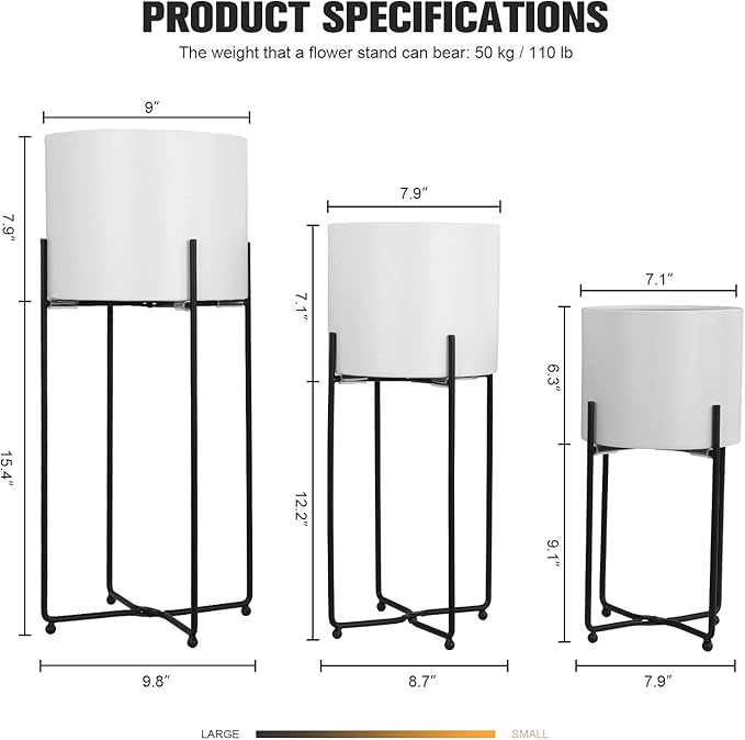 Sinolodo Mid Century Planter with Gold Plant Stand, 3 pcs Modern Planters for Indoor Plants, Metal Floor Planter Set with Foldable Stand(Pack of 3) (White Pot Black Stand, 9''+8''+7'')