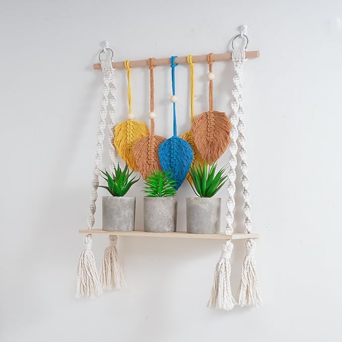 Macrame Wall Hanging Shelf, Bohemian Woven Tapestry Chic Woven Leaf Tassels Home Deco, Boho Handmade Wall Art Floating Shelf for Living Room, Bedroom, Nursery Backdrop, Apartment (Blue+Brown+Yellow)