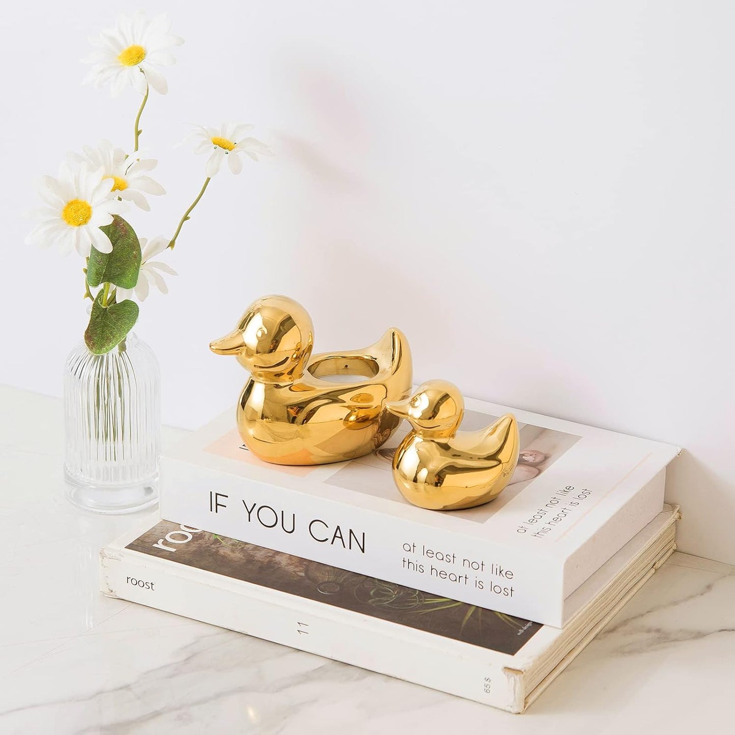 Home Decor Golden Ceramic Duck Figurines, Home Decor Animal Sculptures and Statues Handmade Artware Decor, Mini Duck
