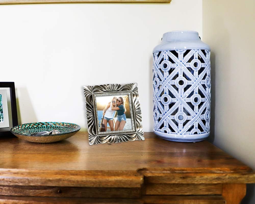 Isaac Jacobs 4x4 Silver Wave Textured Hand-Crafted Resin Picture Frame with Easel & Hook for Tabletop & Wall Display, Decorative Swirl Design Home Décor, Photo Gallery, Art, More (4x4, Silver)