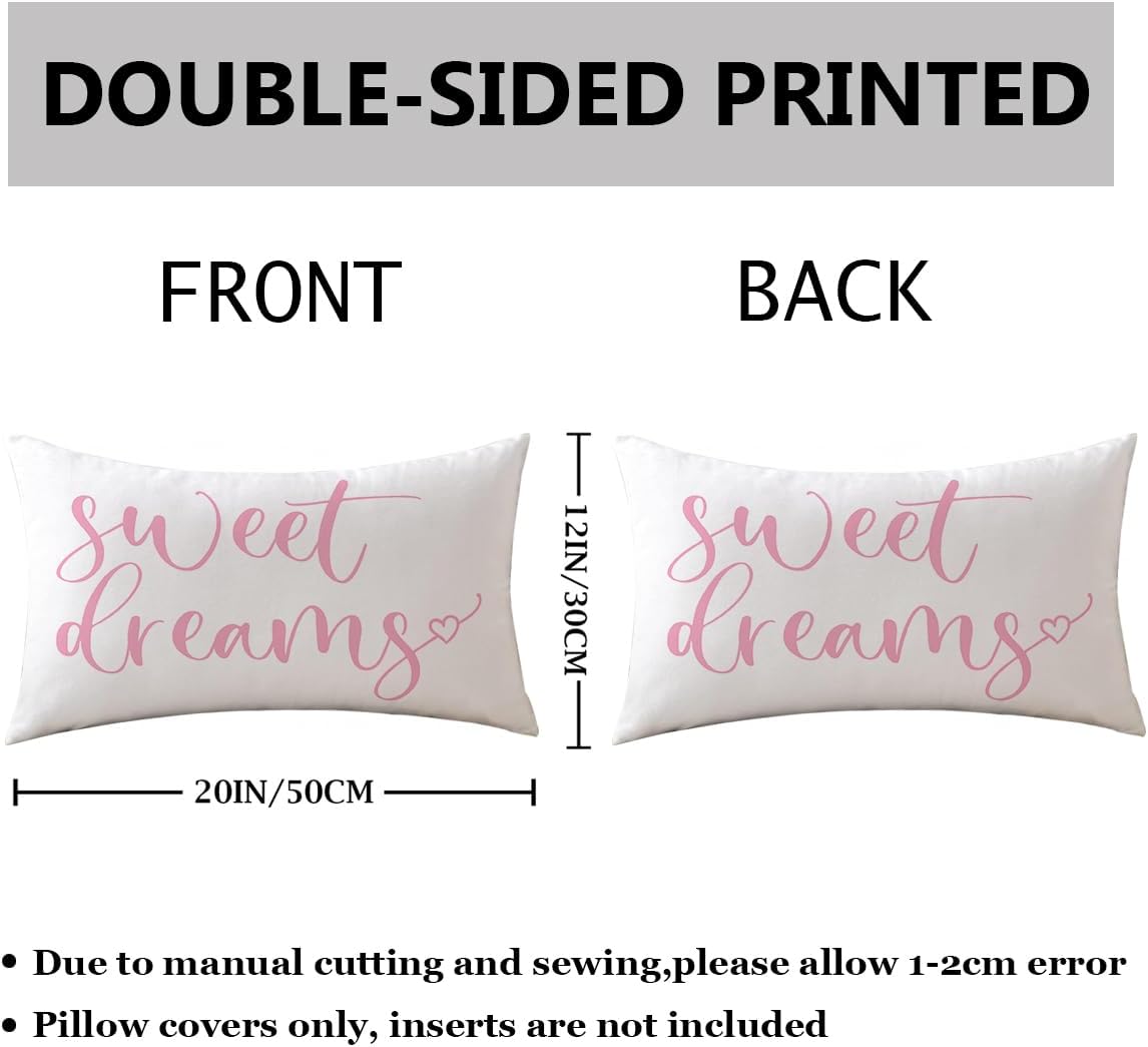Bedding Decorative Lumbar Pillowcases Sweet Dreams Good Night Cushion Covers Sleep Themed Decorative Throw Pillow Covers 12''x20'',2Pack Super Soft for Bedroom Guest Room Housewarming Gifts (Pink)